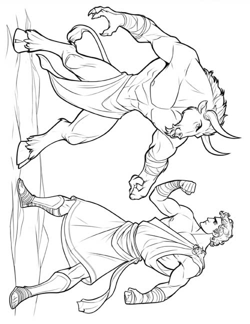 coloring page of Theseus challenging the Minotaur