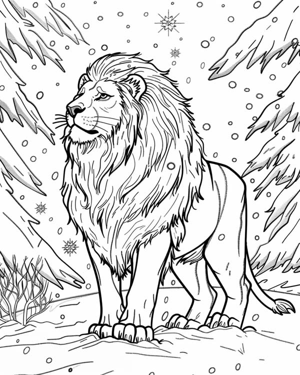 easy Narnia coloring page of Aslan in the wintery forest