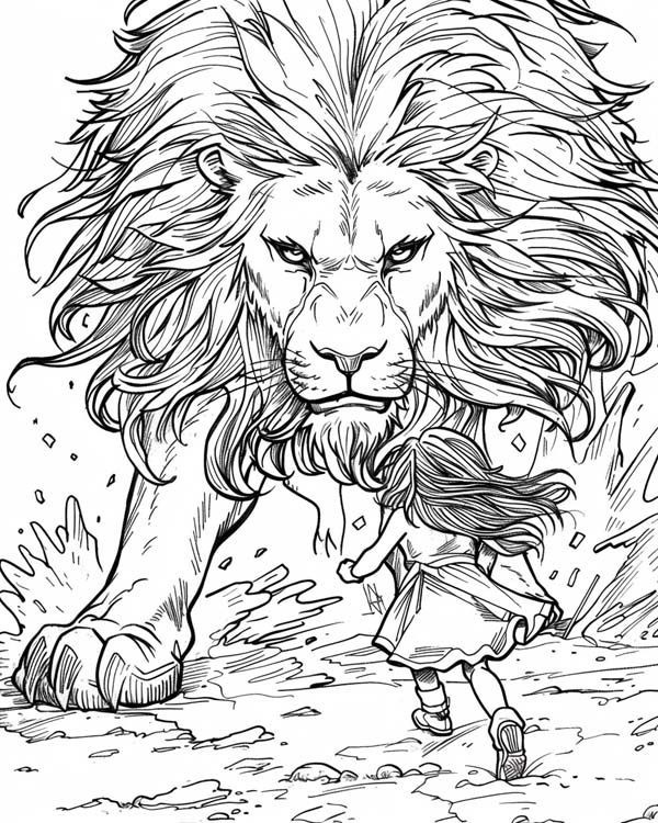 exciting Narnia coloring page of Aslan and Lucy
