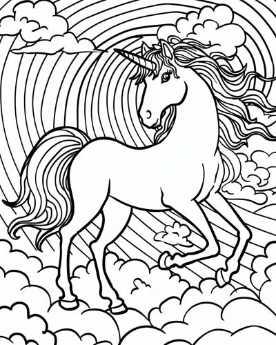 coloring page of a rainbow unicorn