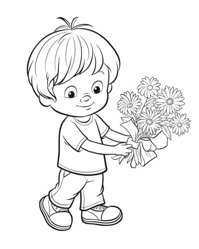 coloring page of a boy with a bouquet of asters