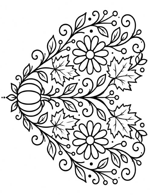 Coloring page of a folk floral heart made of vines, maple leaves and daisies with a pumpkin at the point