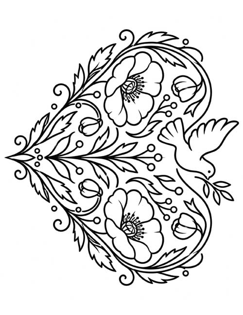 Coloring page of a folk floral heart of poppies and vines with a dove carrying an olive branch