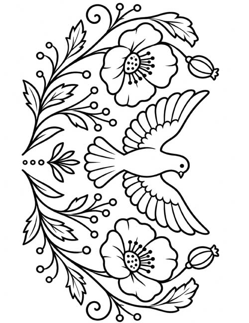 Coloring page of a symmetrical folk floral design with a dove between two poppies