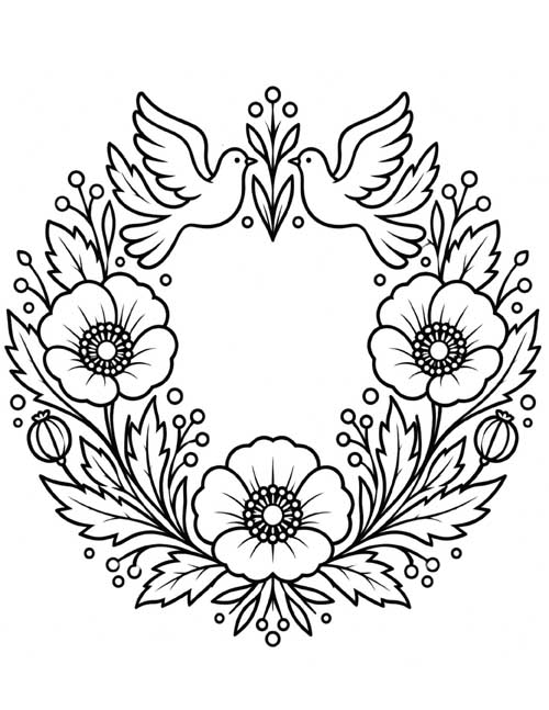 Coloring page of a folk floral wreath of poppies with two doves at the top