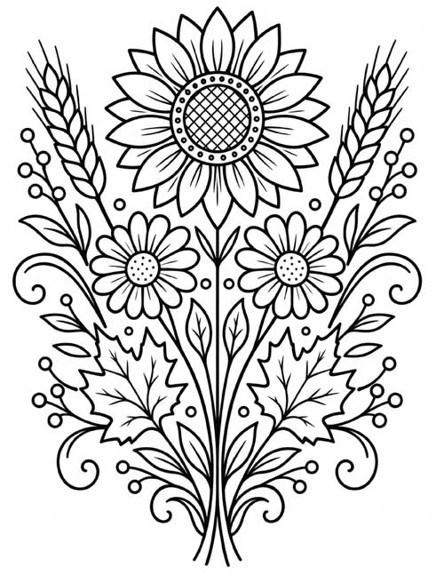 Coloring page of a symmetrical folk floral design with a sunflower, two daisies and ears of wheat