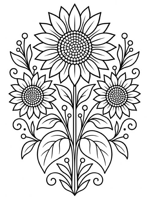Coloring page of a symmetrical folk floral design with three sunflowers and leaves