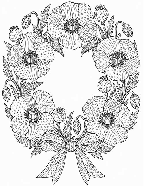 detailed coloring page of a poppy wreath with tangled pattern petals, seed pods and a bow