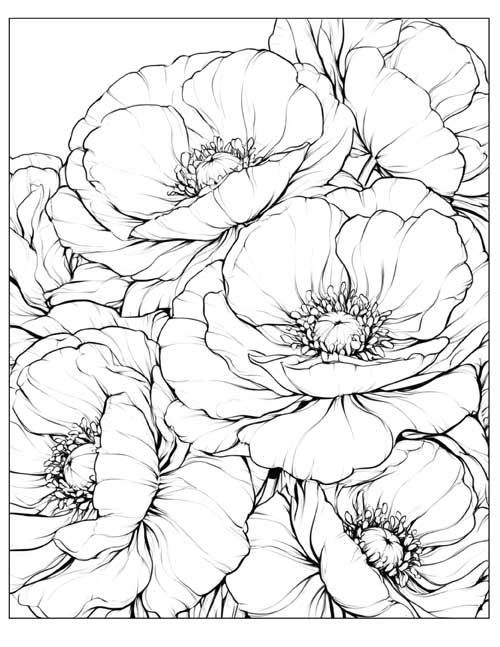 ink sketch coloring page of large poppies