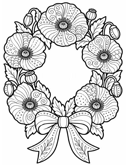 doodles coloring page of a poppy wreath with thin internal patterns and bold lines outside