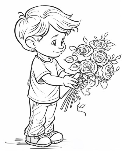coloring page of a boy with a bouquet of roses