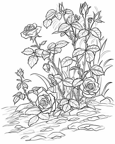 coloring page of a rose bush