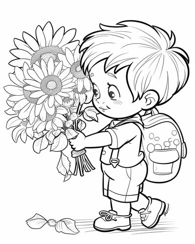 coloring page of a boy with a bouquet of sunflowers