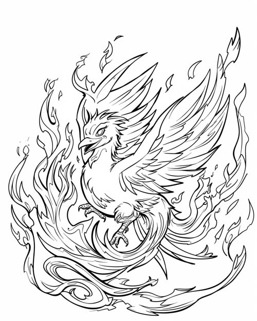 coloring page of a firey firebird
