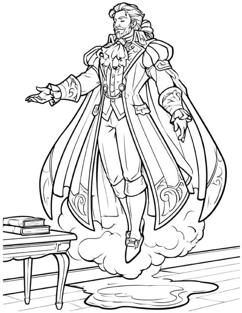 Coloring page of Sir Simon hovering above a bloodstain on the floor
