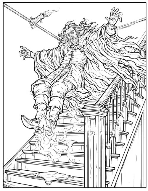 Detailed coloring page of a ghost sliding down a buttered staircase