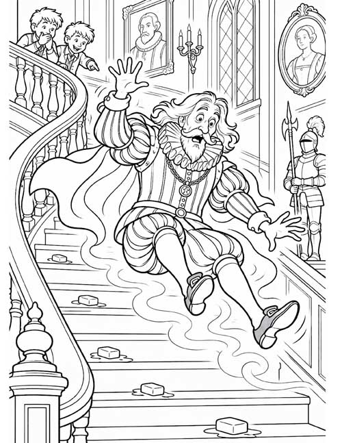 cartoon coloring page of Sir Simon slipping down the stairs