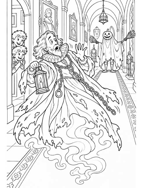 cartoon coloring page of Sir Simon scared of the ghost prank