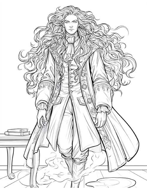 detailed coloring page of Sir Simon renewing a bloodstain on the floor