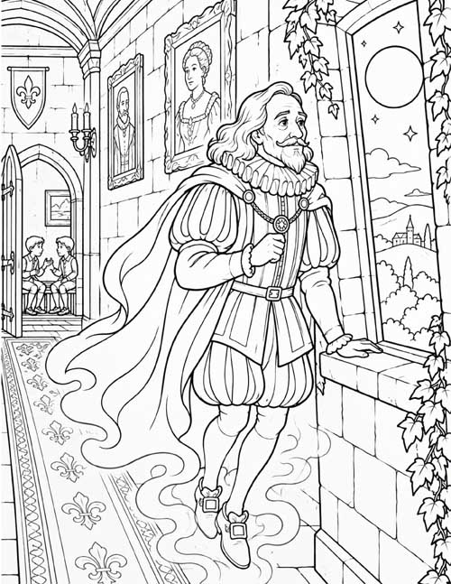 Coloring page of a Sir Simon standing by the window