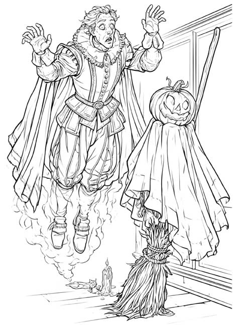 Coloring page of Sir Simon being scared by a fake ghost