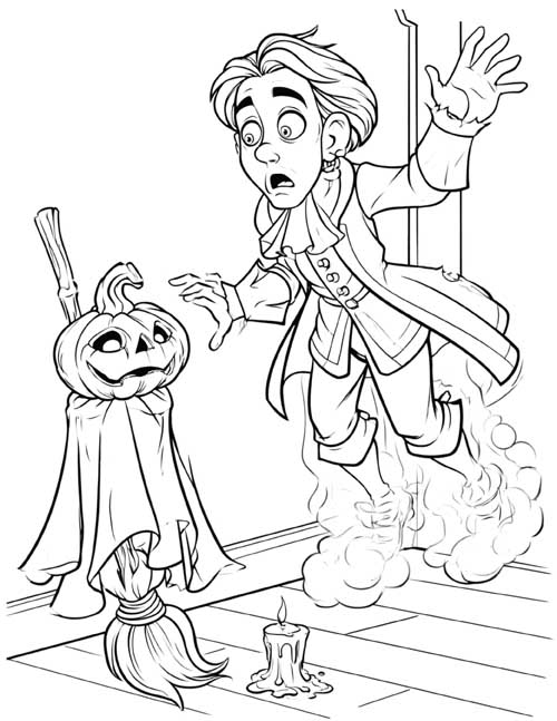 Cartoon coloring page of Sir Simon being scared by a fake ghost