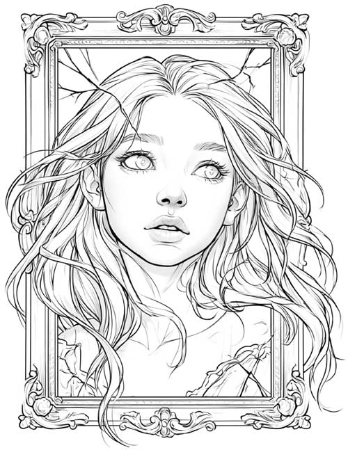 Coloring page of a frightened girl and a cracked mirror