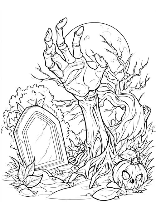 Coloring page of an arm coming up through a grave