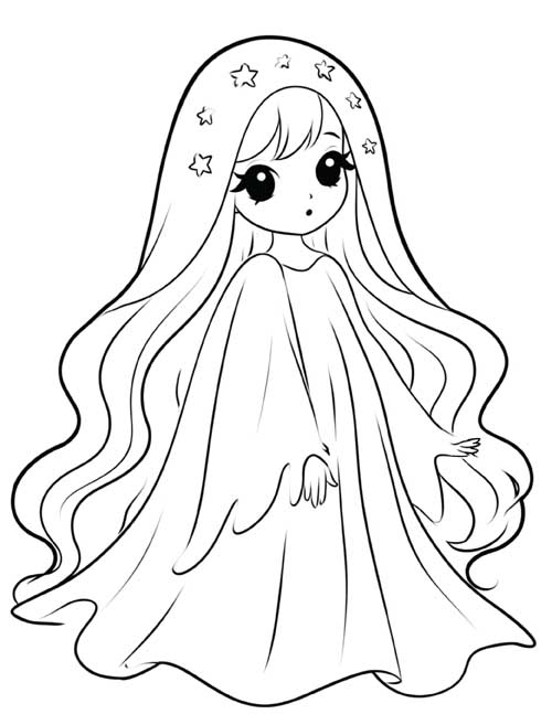 Cute coloring page of the Grey Lady ghost with long hair and little stars on her hood