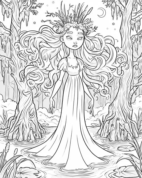 Coloring page of La Llorona, the weeping woman