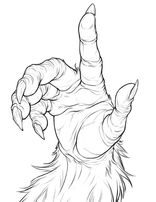 Coloring page of a monkey's paw with one finger up