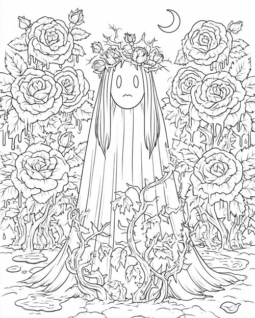 Coloring page of a sad ghost standing among thorny roses under a crescent moon