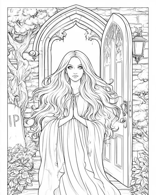Coloring page of the White Lady with a flower wreath and flowing hair under a full moon