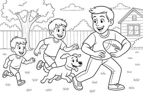 coloring page of kids playing football with the dog