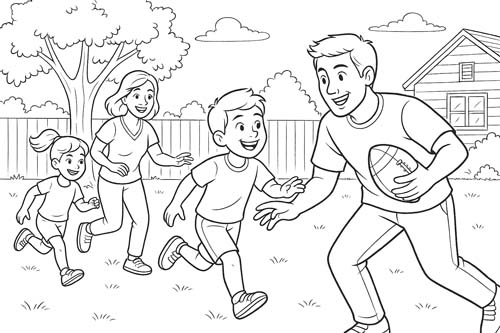 coloring page of a family playing football