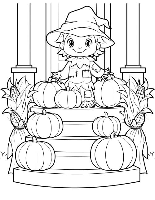 Coloring page of a little scarecrow in a pointed hat on porch steps with pumpkins and corn stalks