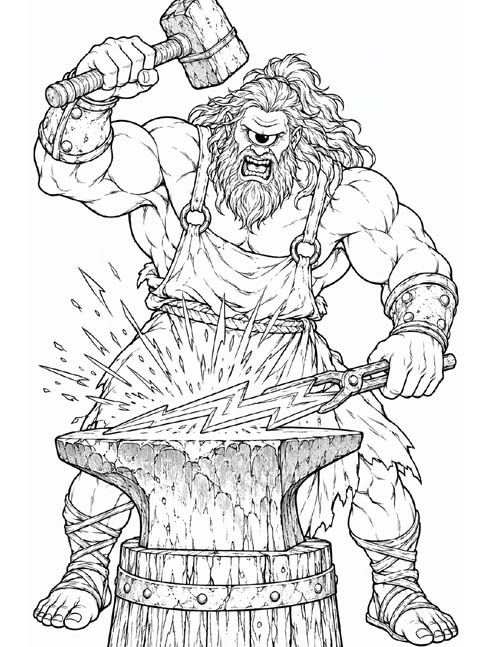 Greek mythology coloring page of Brontes the cyclops blacksmith