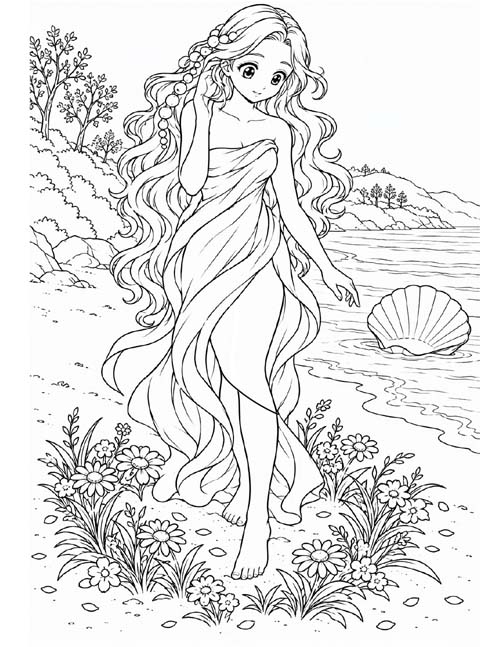 Coloring page of Aphrodite with flowers blooming at her feet