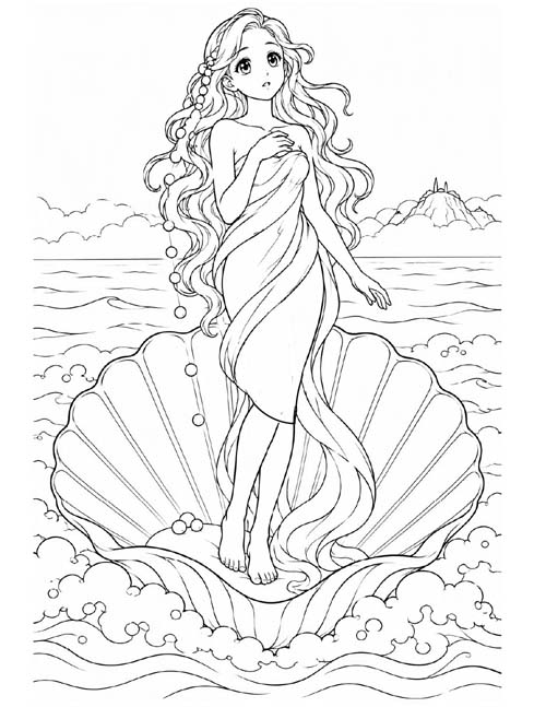 Coloring page of Aphrodite being born from the sea foam in a seashell