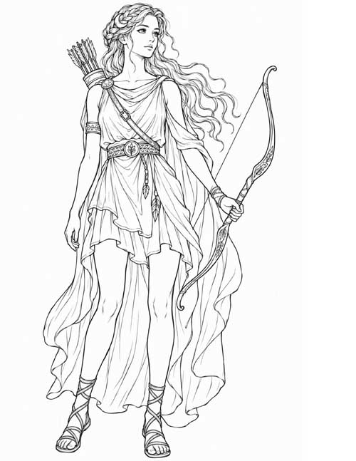sketch coloring page of Artemis, goddess of the hunt