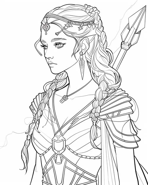 graphic coloring page of Athena dressed for war