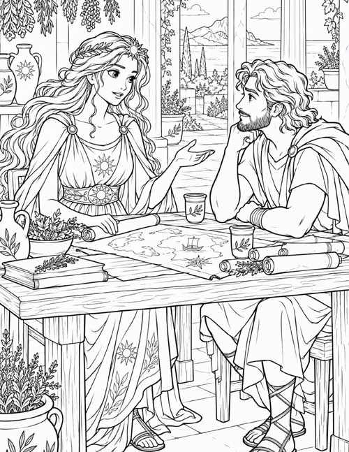 Coloring page of Circe counselling Odysseus before his departure