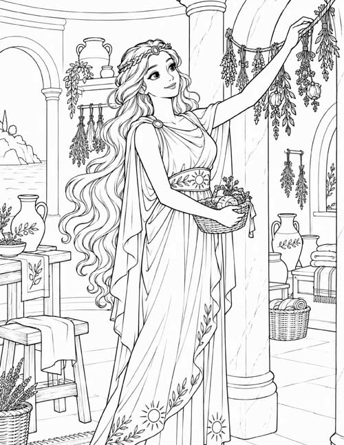 Coloring page of Circe decorates her new home
