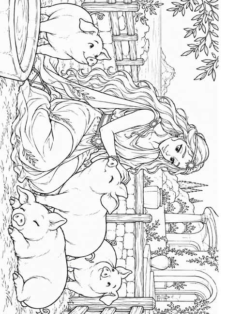 Coloring page of Circe with a pen full of pigs