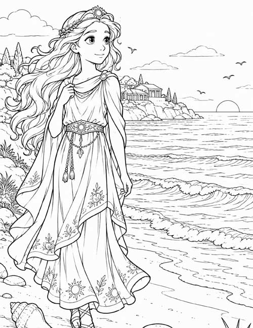 Coloring page of Circe as a teen finds her island where she can still see mom and dad