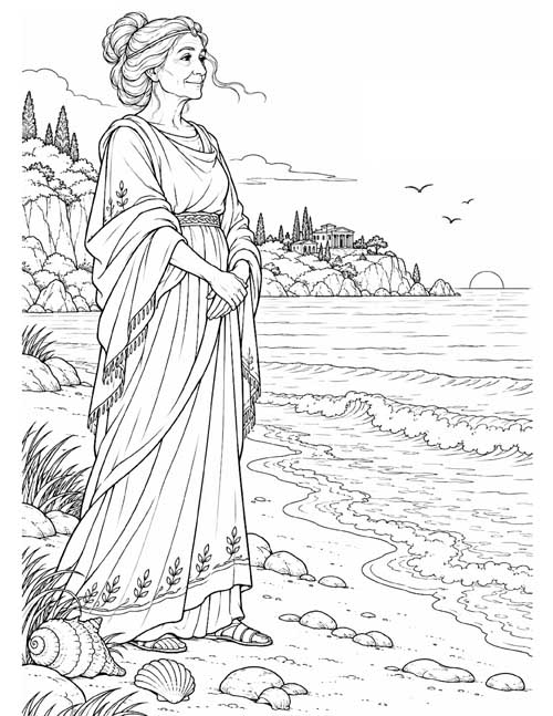 Coloring page of an elderly Circe staring out to sea