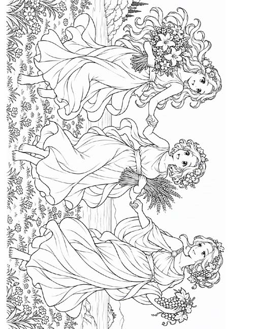 coloring page of the Greek Horae, goddesses of the Seasons