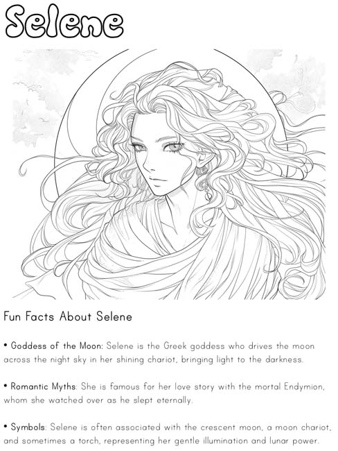 labeled coloring page of the Greek goddess Selene