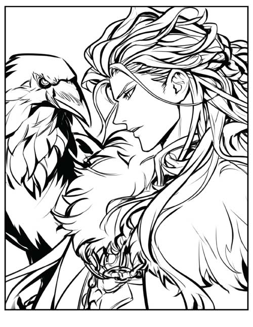 graphic comic style coloring page of Apollo and a raven