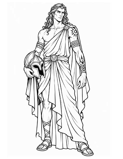 detailed coloring page of clean shaven Hades with tattoos and the helm of darkness